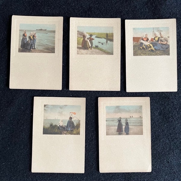 Five Vintage Miniature 1920s Hand-Tinted Photographs of Little Girls in Wooden Shoes on the Beach in Holland