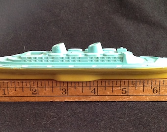Vintage 1950s Plastic Classic Double-Decker Cruise Ship with Double Smokestacks -- Turquoise and Yellow, Nicely Detailed, 7" in Length