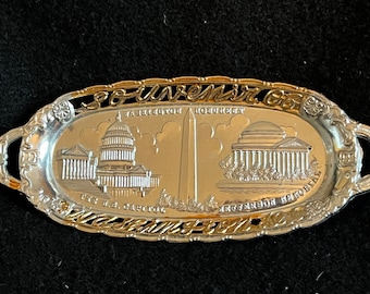 Vintage Tiny Metal 1950s Souvenir Tray Featuring Capitol, Jefferson Memorial, and Washington Monument -- "Souvenir of Washington DC"