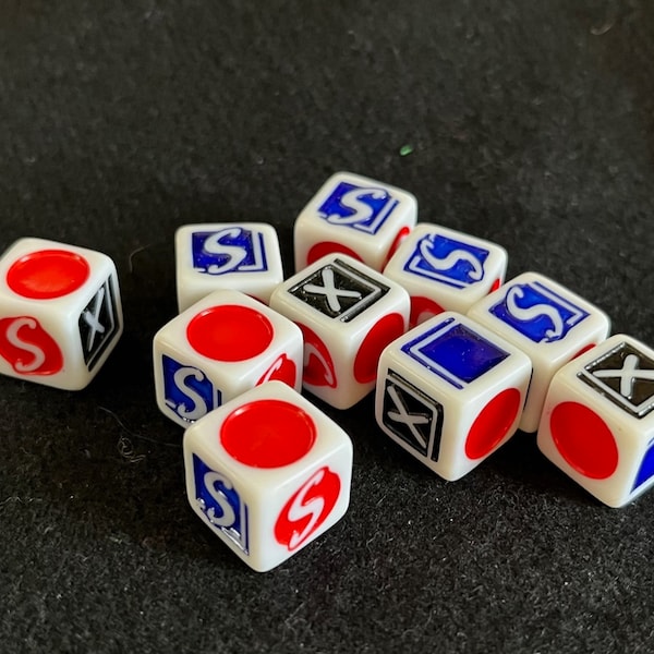 10 Deeply-Imprinted Dice with Graphically Interesting Markings -- Giant Red Dot (2), Blue Square, Blue S, Red S, Black X