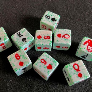 Nine Sharp-Looking Vintage Green-Speckled Playing Card Dice