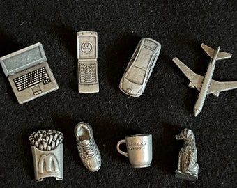 8 Vintage Game Tokens from Millennium Monopoly--Coffee Cup, Jet Plane, Flip Phone, Laptop, Dog, Athletic Shoe, Car, McDonald&#39;s French Fries