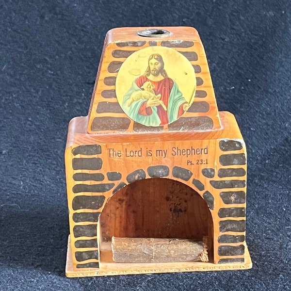 Folksy 1970s Restaurant Wooden Candle Holder -- Picture of Jesus with a Lamb Slung over His Shoulders Mounted on a Rustic Fireplace