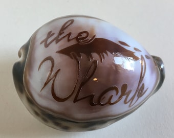 Vintage Carved Cowrie Shell -- Souvenir of "the Wharf"