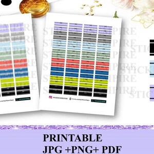 Puede incluir: Pegatinas imprimibles para planificadores con una variedad de colores y patrones. Las pegatinas presentan un lazo negro con una fina línea negra por encima y por debajo. El texto "STICKERSEMPIRE" está impreso en la parte inferior de las pegatinas.
