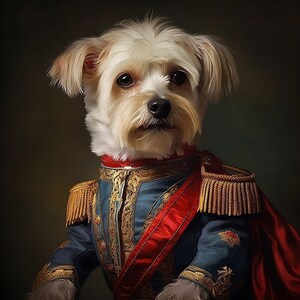 Vintage Portrait, viktorianische Hundemalerei, lustige Tierkunst, Fantasie wunderliche Napoleonhundeillustration, viktorianischer Hundemalereidruck