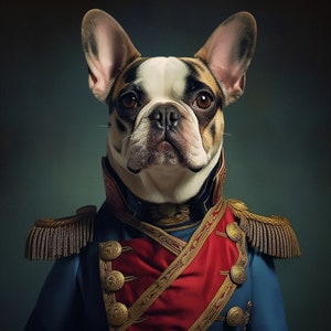 Gentleman Bulldog Vintage Portrait, viktorianischer Hund trägt Napoleon Anzug Malerei, dunkle Galerie Wand, Fantasy wunderliche Haustier Tier Wandkunst