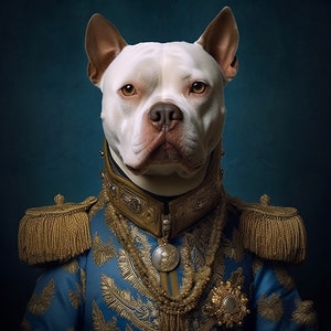Pitbull Vintage Portrait, Sir Napoleon viktorianischer Hund trägt Top königlichen Anzug Malerei, Fuchs Kunst, Dark Forest Gallery, Fantasy wunderliches Tier