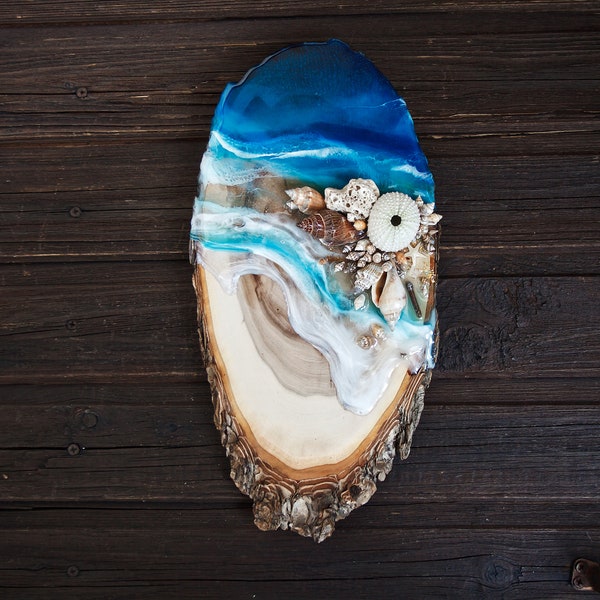 Seashell art, Resin board, candle holder, coaster, Coastal Wall decor , Ocean art, Live edge board, Sea lover Gift Ideas, Beach wedding