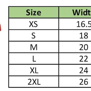 Peut inclure: Tableau des tailles pour un t-shirt avec des mesures en pouces pour la largeur et la longueur. Les tailles comprennent XS, S, M, L, XL et 2XL.