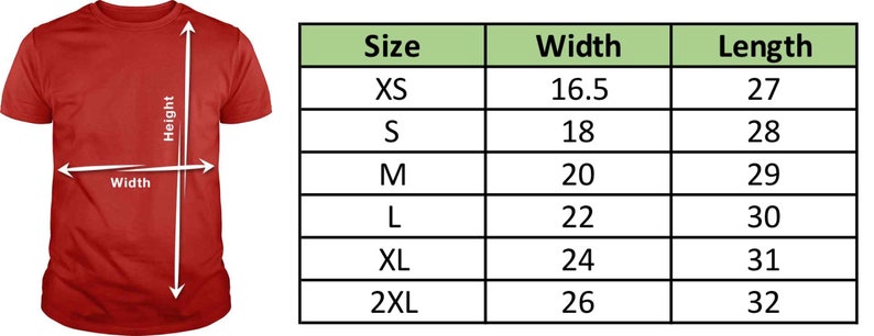 Peut inclure: Tableau des tailles pour un t-shirt avec des mesures en pouces pour la largeur et la longueur. Les tailles comprennent XS, S, M, L, XL et 2XL.
