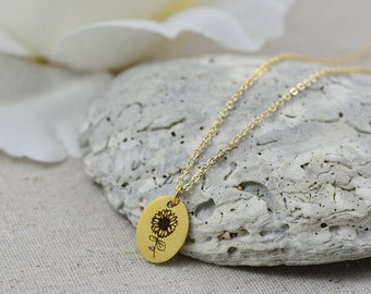 Collar de girasol personalizado, collar personalizado floral grabado, collar minimalista de encanto ovalado, damas de honor regalo joyas para mujeres