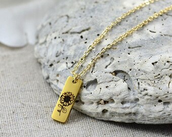 Collar de girasol personalizado, collar personalizado con flores grabadas, collar minimalista con dije rectangular delicado, joyería para damas de honor