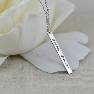 Personalised Name Silver Necklace, Engraved Rectangle Bar Necklace, Initials Personalised Charm Tag Necklace, Customised Silver Necklace