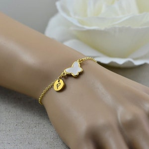 Pearl Gold Butterfly Bracelet, Engraved Initials Personalised Jewellery, Dainty Gold Engraved Bracelet Bridesmaids Letter Bracelet