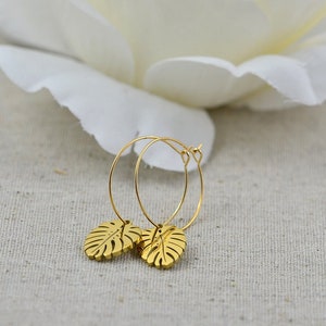 Personalised Gold Leaf Hoop Earrings, Stainless Steel Leaf Gold Earrings, Stainless Steel Charm Tag Earrings, Customised Floral Earrings