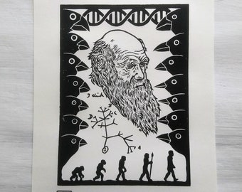 Charles Darwin Original Linocut // Evolution Linoprint