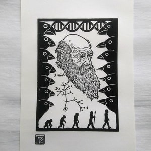 Charles Darwin Original Linocut // Evolution Linoprint