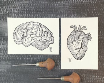 Anatomical Brain and Heart Original Linocut // Anatomy Linoprint