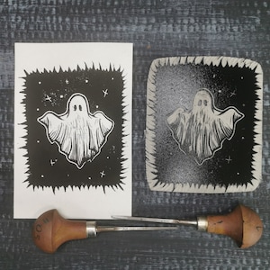Ghost Original Linocut Print || Hand printed || Halloween linocut