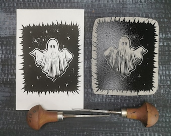 Ghost Original Linocut Print || Hand printed || Halloween linocut