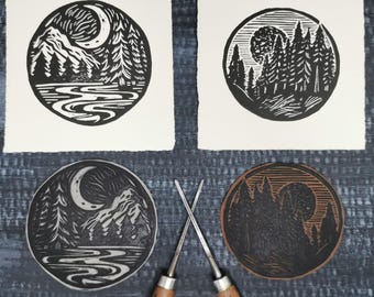 Circles of Nature Original Linocut || Hand-printed || Wilderness Linocut