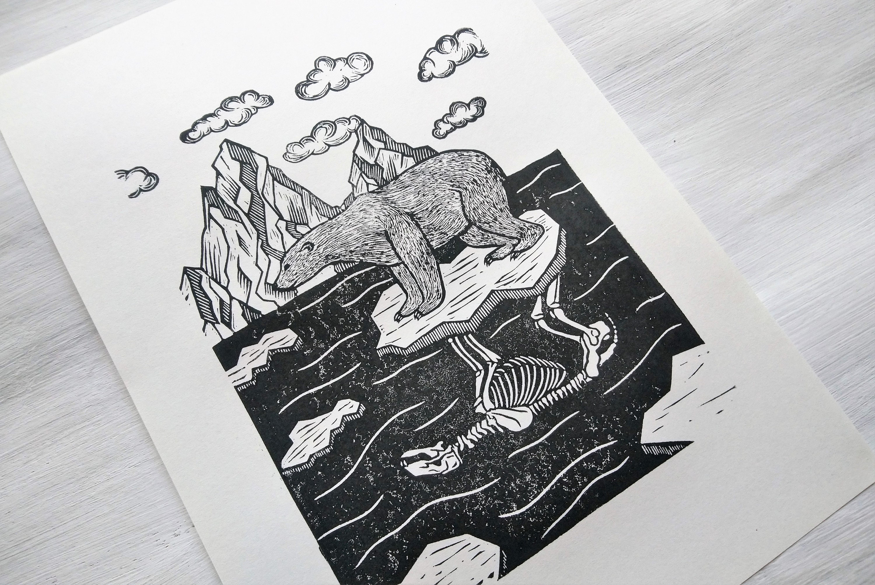 Sailing With Death Original Linocut // Polar Bear Linoprint - Etsy