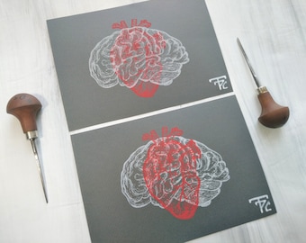 Brain and Heart Original Linocut // Anatomical Linoprint