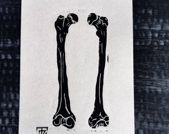 Bones Original Linocut Print || Hand printed || Anatomy linocut || skeleton