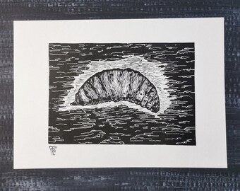 Larva of a weevil original linocut print || Hand printed || Made linocut