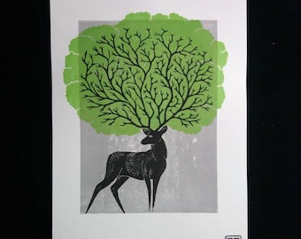King of the Woods Original Linocut // Nature Linoprint // Deer Linocut