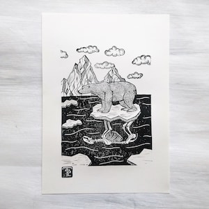 Sailing with Death Original Linocut // Polar Bear Linoprint