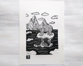 Sailing with Death Original Linocut // Polar Bear Linoprint