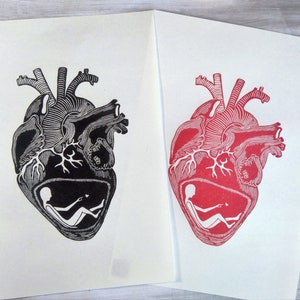 I Will Keep You In My Heart Original Linoldruck || Handgedruckter Linolschnitt || Anatomisches Herz Druck