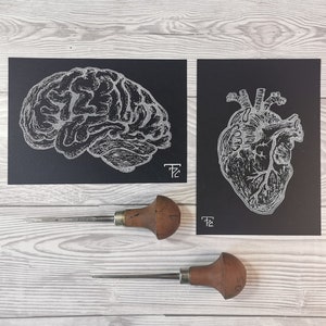 Anatomisches Gehirn und Herz Original Linoldruck || Handgedruckt || Menschliche Anatomie Art