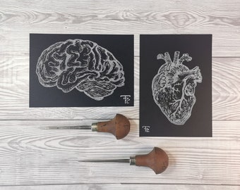 Anatomical Heart Original Linocut // Anatomy Linoprint