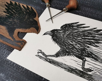 Raven Run Original Linocut Print || Hand printed || Running raven linocut