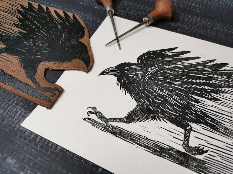 Raven Run Original Linocut || Handprinted || Running Raven Linocut - Etsy