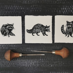 Raccoons Original Lino Prints Set || Hand printed linocut