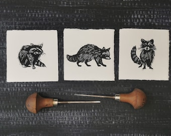 Raccoons Original Lino Prints Set || Hand printed linocut