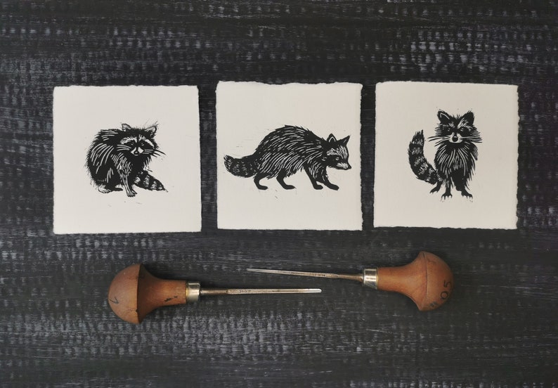 Raccoons Original Lino Prints Set Hand printed linocut image 1