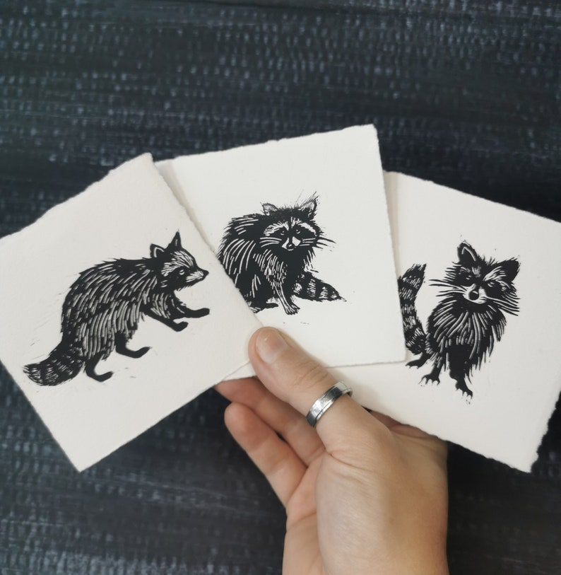 Raccoons Original Lino Prints Set Hand printed linocut image 2