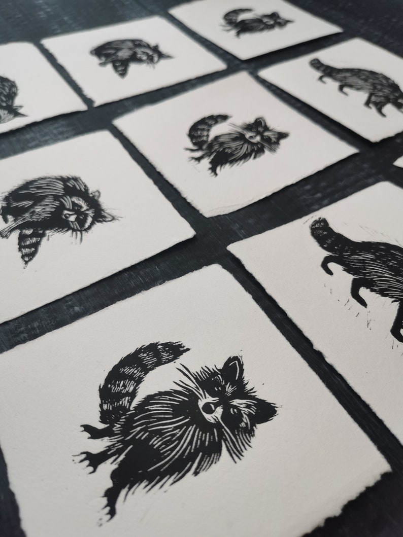 Raccoons Original Lino Prints Set Hand printed linocut image 4