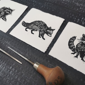 Raccoons Original Lino Prints Set Hand printed linocut image 3