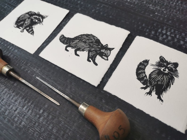 Raccoons Original Lino Prints Set Hand printed linocut image 3