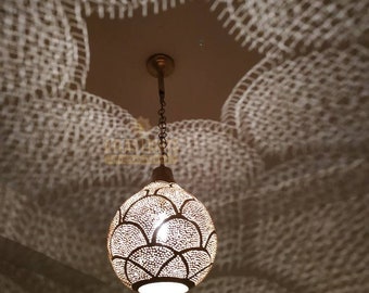 Handmade Moroccan Brass Pendant Light: Engraved Pear Lamp