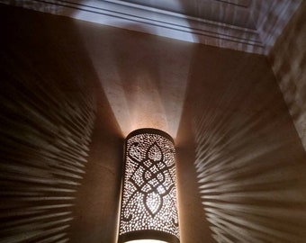 2 Handmade Brass Moroccan Wall Lamps: Antique Gold Sconces