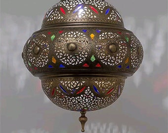 Pendant Light, Moroccan Lamp Brass, Moroccan Pendant Lights Lamps, Coloured Glass Lampshades