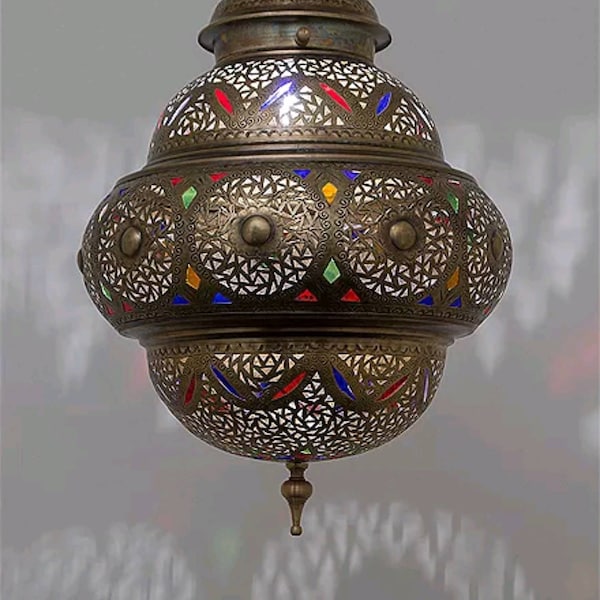 Pendant Light, Moroccan Lamp Brass, Moroccan Pendant Lights Lamps, Coloured Glass Lampshades