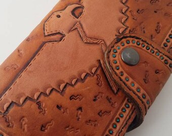 Thunderbird Leather Wallet/ Tooled Leather/ Thunderbird and Arrows Wallet/ Checkbook Wallet/ Western Wallet/ Southwestern/ Boho